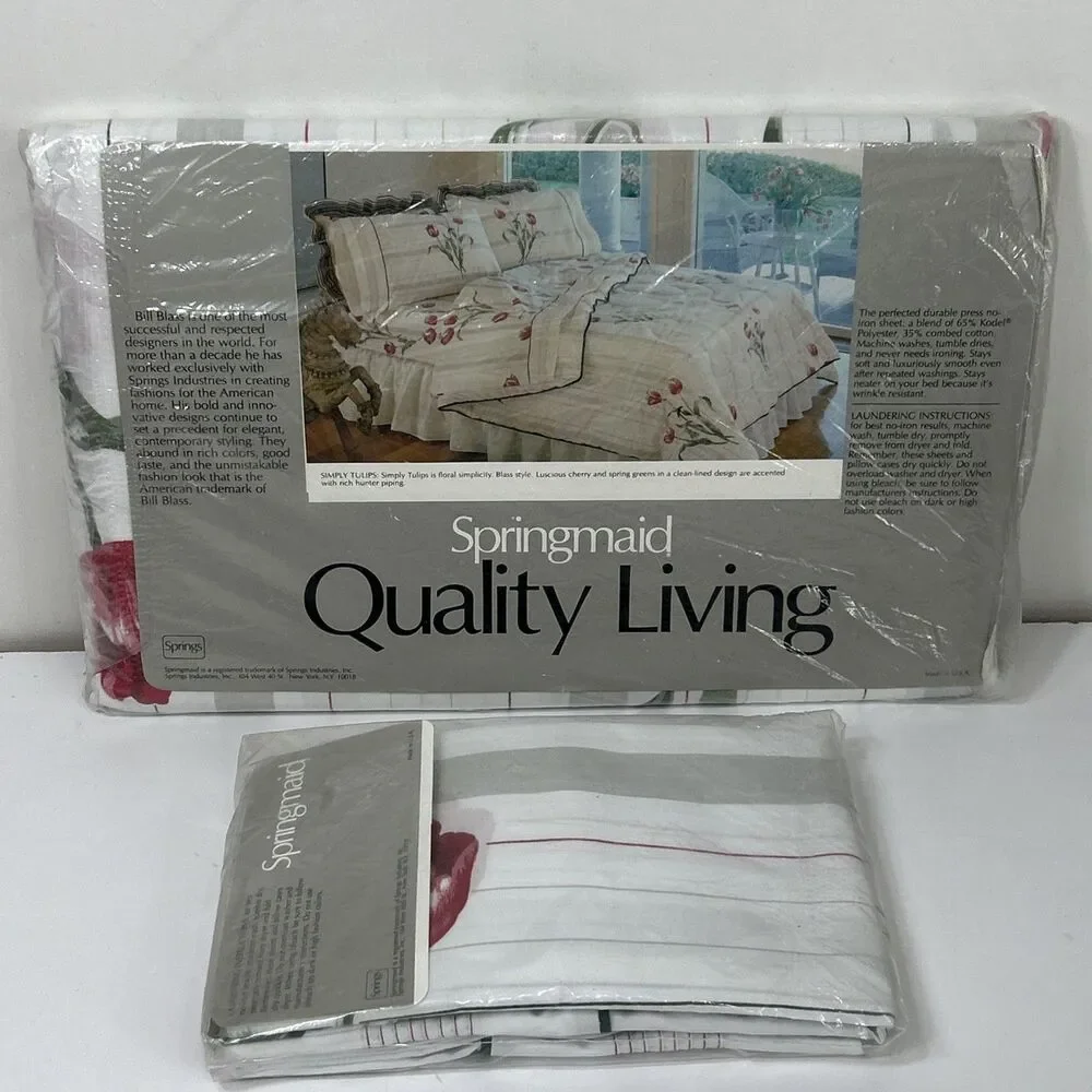 Vtg Bill Blass Springmaid Double Flat Sheet Pillow Case Set Tulip Cottage Floral